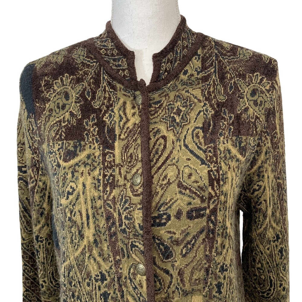 Chicos 0 Sweater Jacket Small Brown Print Button Front Long Sleeve Cardigan Soft